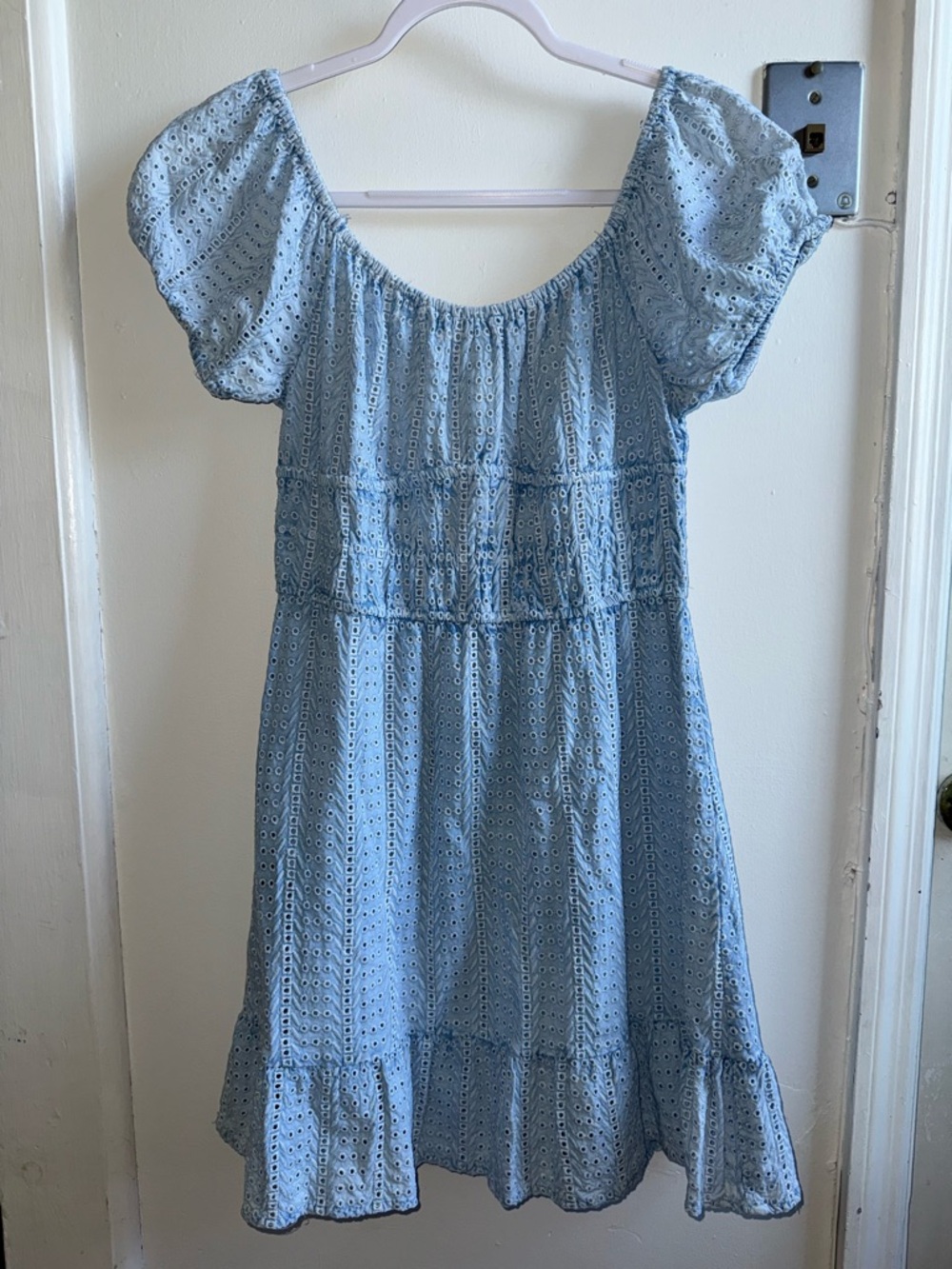 Sim & Sam Light Blue Eyelet Puff Sleeve Mini Dress Cottagecore Size Large